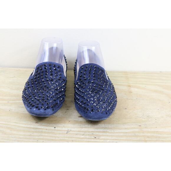 Jimmy Choo Loafers 38 Blue Suede Studded Black Rhinestone Flats Slip On Italy - Picture 2 of 11